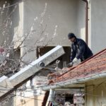man, nature, the person, worker, work, roof, home, tile, demolition of the, building, the gutter, the exhaust, the debris, tree, blooming, spring