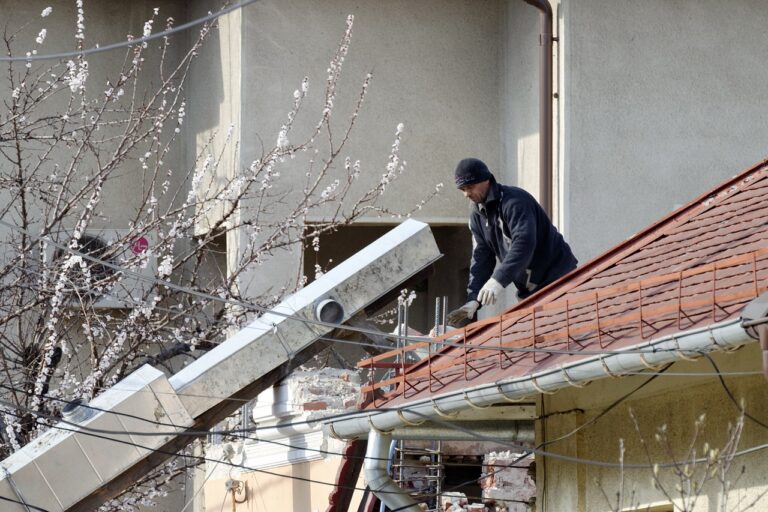 man, nature, the person, worker, work, roof, home, tile, demolition of the, building, the gutter, the exhaust, the debris, tree, blooming, spring